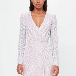 Missguided Silver Pearlescent Wrap Plunge Mini Dress